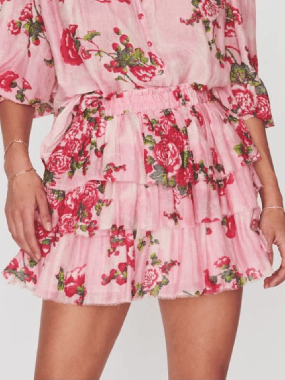 LoveShackFancy Pink Floral Tiered Mini Skirt